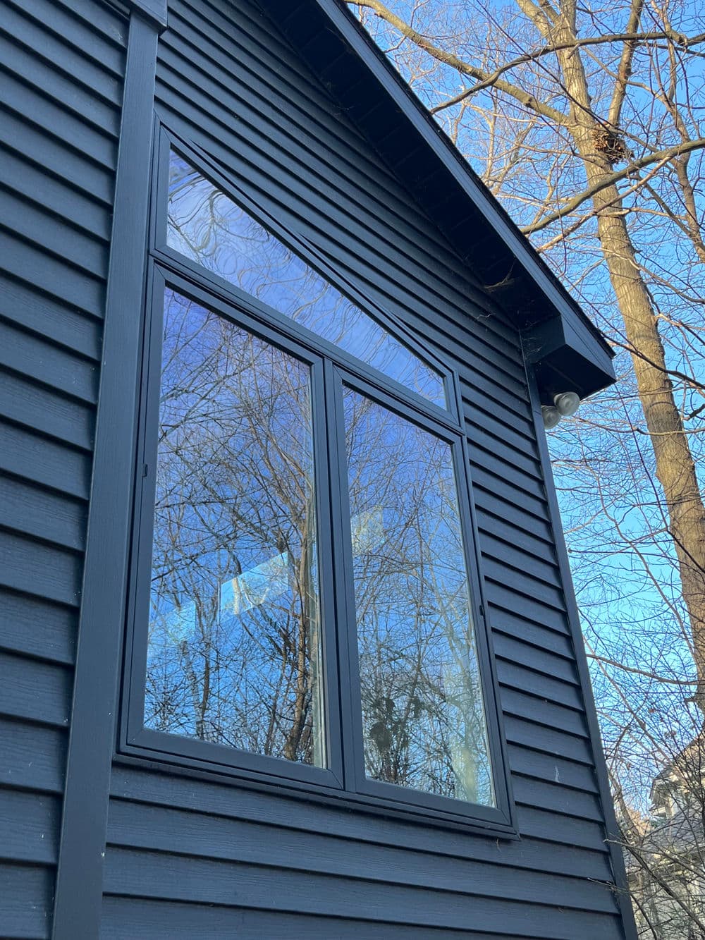Modern black house exterior with large window reflecting trees and blue sky.